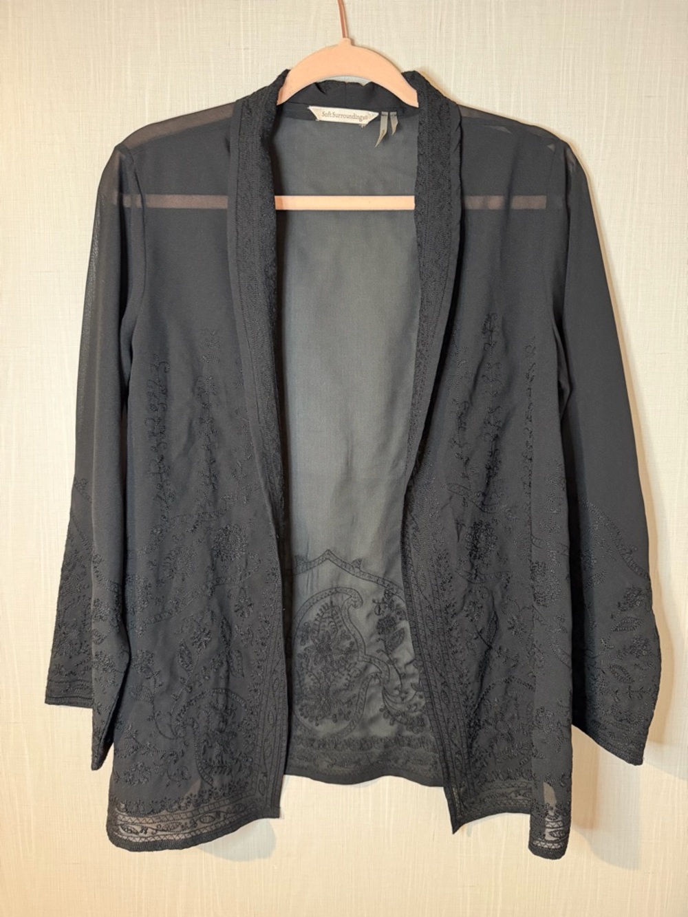 Soft Surroundings Embroidered Black Sheer Open-Front Layering Kimono Small